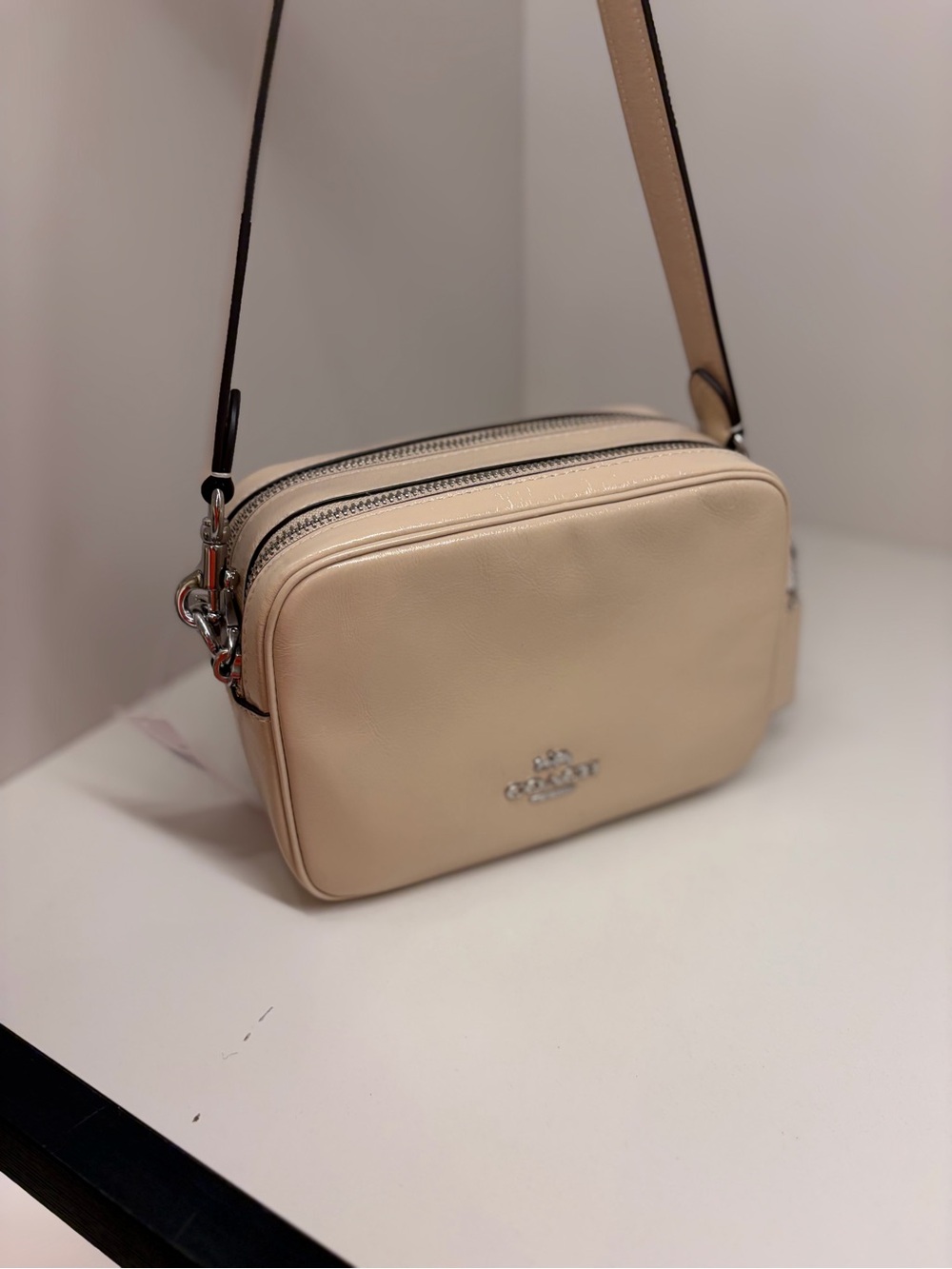 Coach Pebbled Leather Double-Zip Crossbody in Light Beige